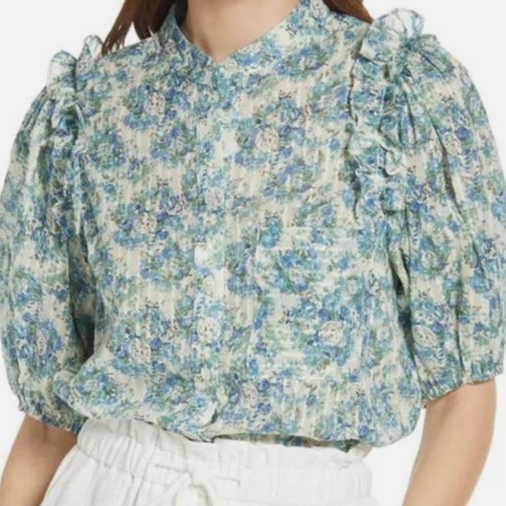 FRNCH Paris Floral Print Ruffle Cotton Blouse -medium